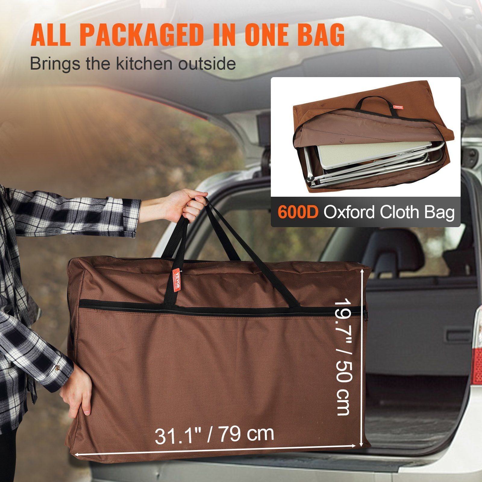 Vevor Folding Camping Kitchen Table With 3 Cupboards Brown