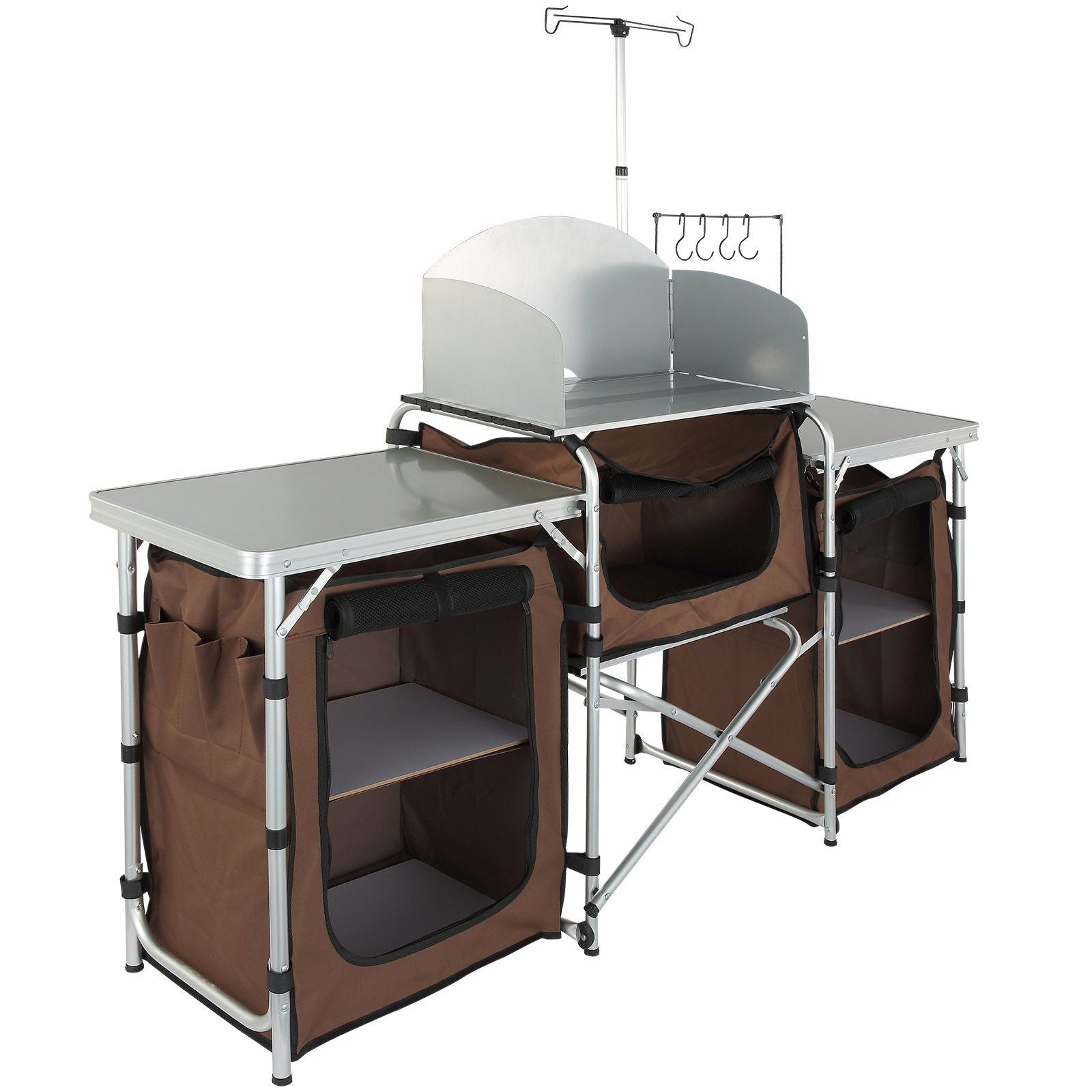 Vevor Folding Camping Kitchen Table With 3 Cupboards Brown